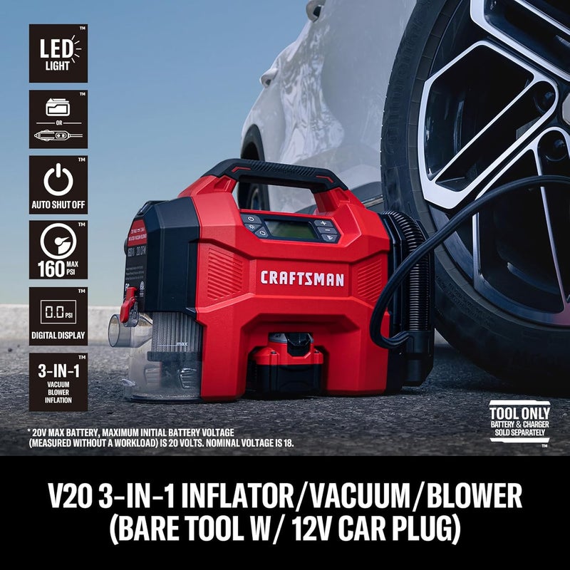 CRAFTSMAN مضخة هواء 3 في 1، 160 PSI ضاغط هواء محمول/مكنسة سيارات/نفاثة غبار، 20 فولت لاسلكية و12 فولت طاقة سيارة، مضخة هواء مع ضوء LED للسيارات والشاحنات وإطارات RV (البطارية تباع بشكل منفصل) - Image 2